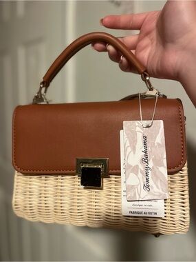Tommy Bahama Tan Leather & Wicker Top-Handle Bag